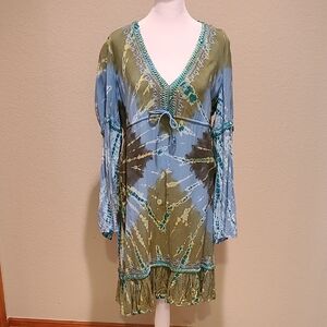 Moda International Green And Blue Long Sleeve Dress Size M